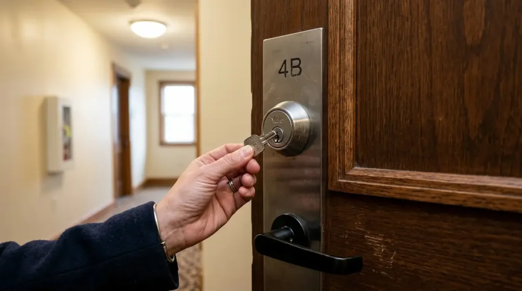 Clé cassée dans la serrure d'une porte d'appartement montrant le dilemme entre locataire et propriétaire